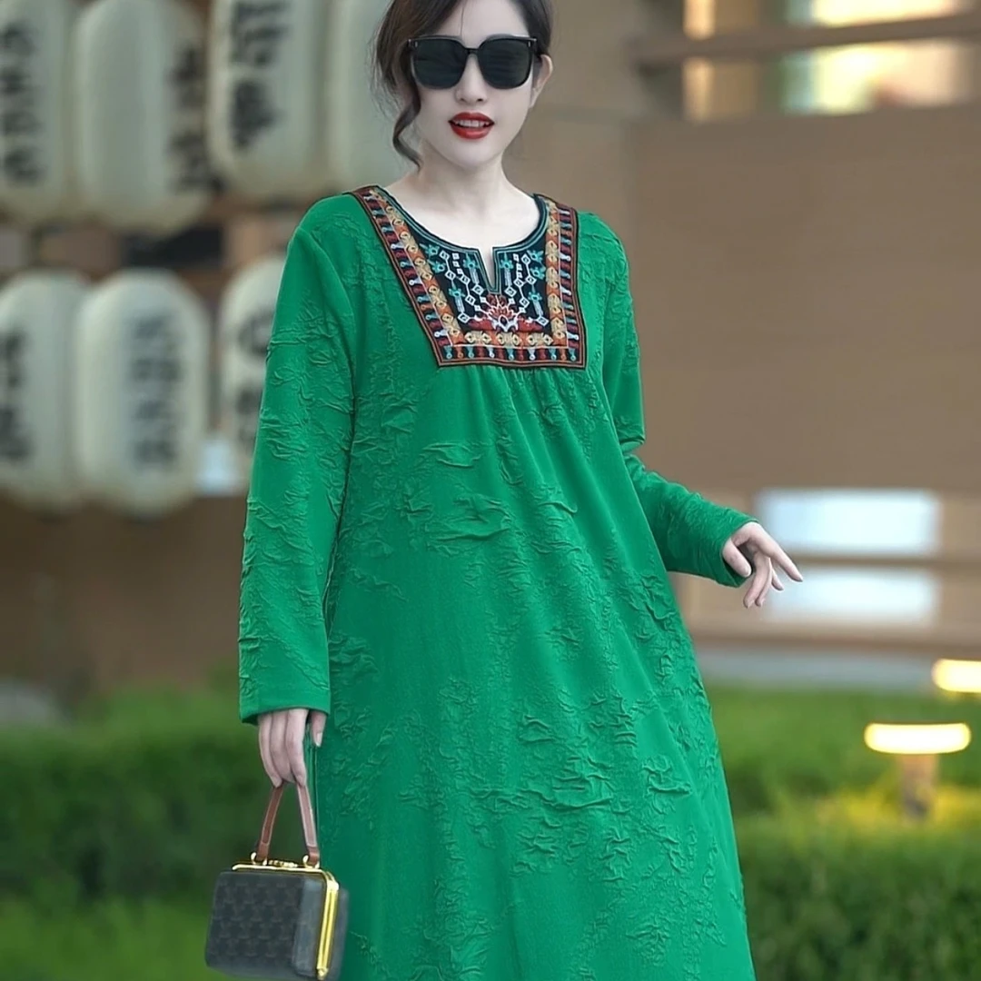 75221秋冬宽松复古显瘦气质百搭提花长裙连衣裙