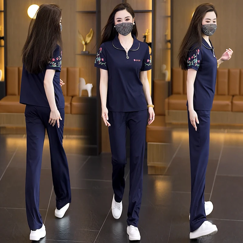 2025夏季大码短袖套装新款气质绣花时尚宽松显瘦洋气休闲两件套