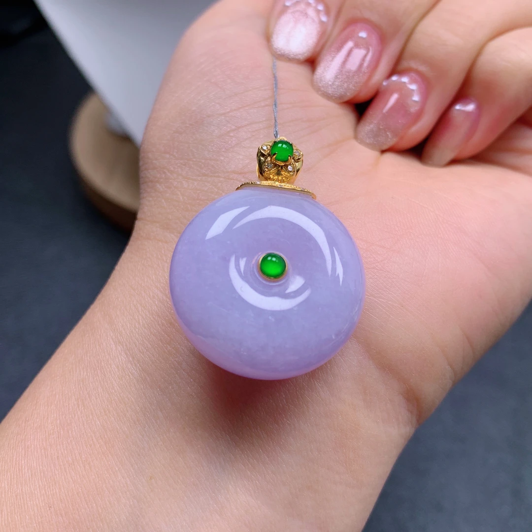 天然缅甸翡翠A货18k紫色平安扣气质精美尺寸33.3+25.3+12.5