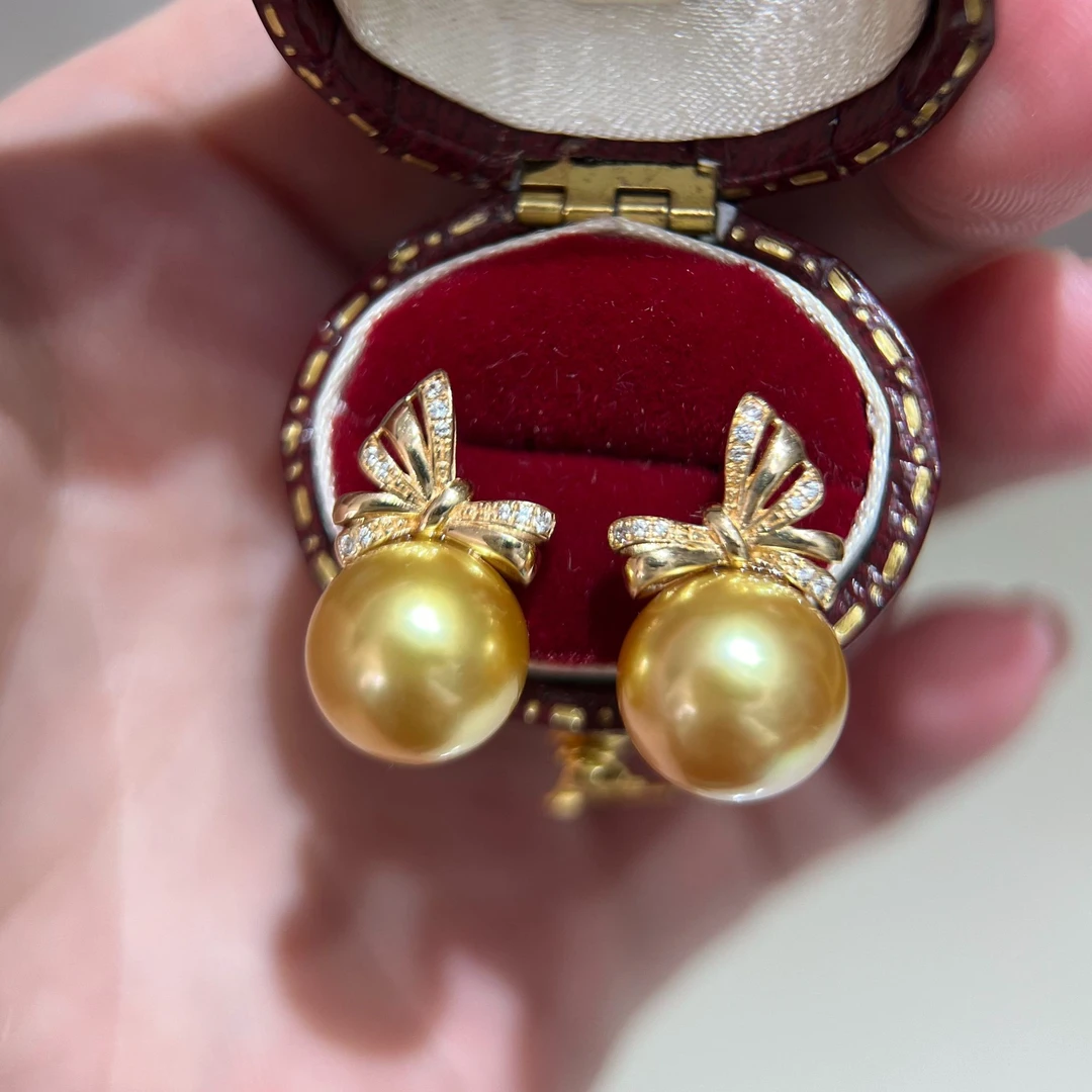 纯天然100%海水珍珠浓金耳钉南洋金珠耳环mikimoto同款正圆无瑕