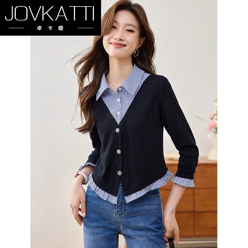 假两件拼接格子衬衫女2025秋季新款好看独特漂亮小个子短款上衣