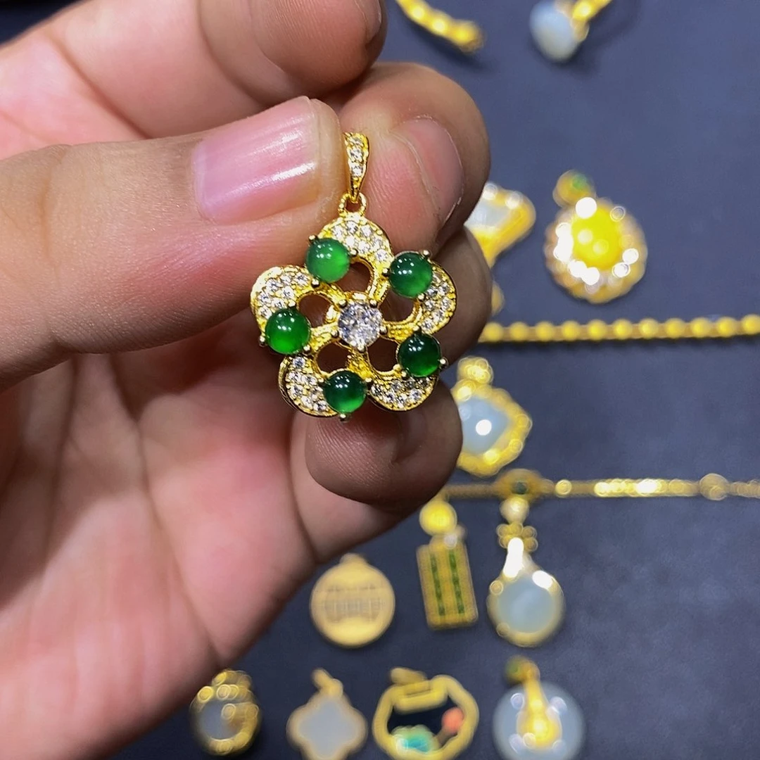 翡翠银S925镀金镶嵌颈饰