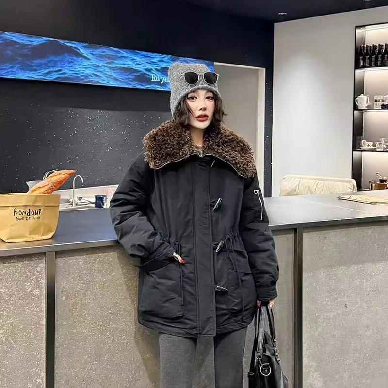 女装毛毛披肩领收腰抽绳棉服胖妹妹冬季中长款显瘦保暖外套1112