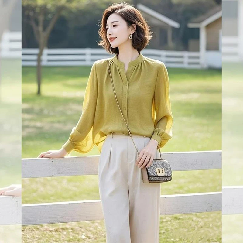 韩系温柔风芥末黄色衬衫女2025春秋季新款高级感气质百搭休闲上衣