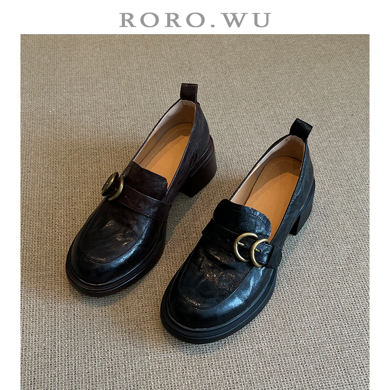 娆娆吴·头层羊皮休闲气质乐福鞋一脚蹬百搭时尚粗跟日常单鞋A190