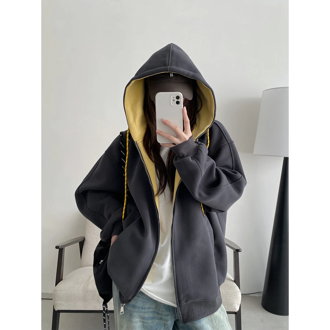 美式设计感撞色连帽开衫卫衣女秋冬2025年新款宽松大码慵懒风外套