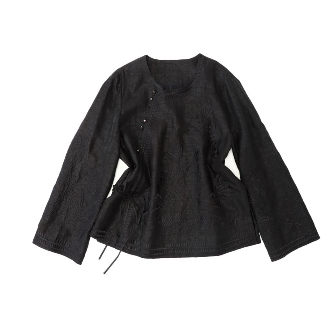 【玄绮】品牌新款香云纱新中式重工刺绣圆领斜襟细带国风上衣529059