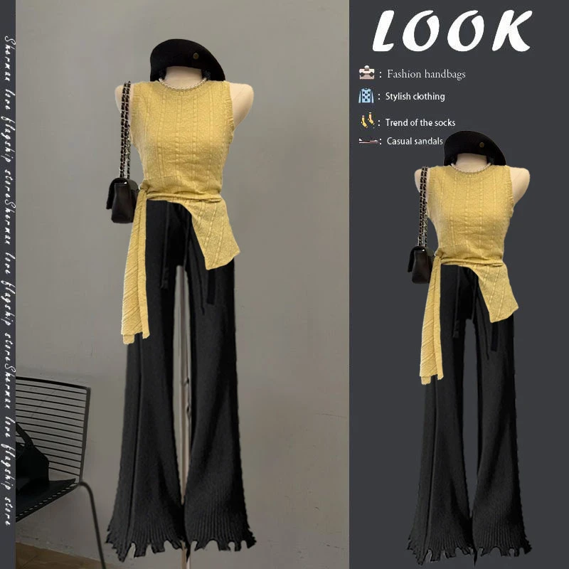 夏季时尚一整套女装2025新款爆款法式绑带黄色上衣喇叭裤两件套