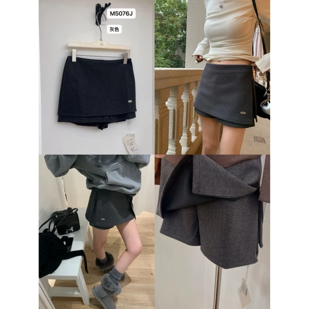 JUNXI（9JX5076#）miu系 假两件百搭毛呢短裙裤9-7