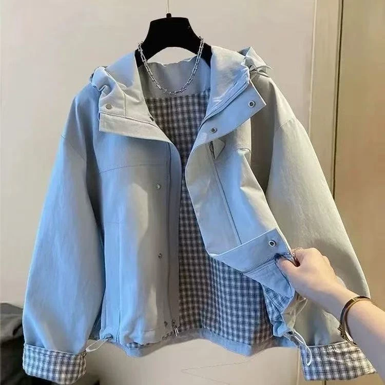 加绒欧货休闲格子内衬连帽冲锋衣外套女2025新款超火工装上衣夹克