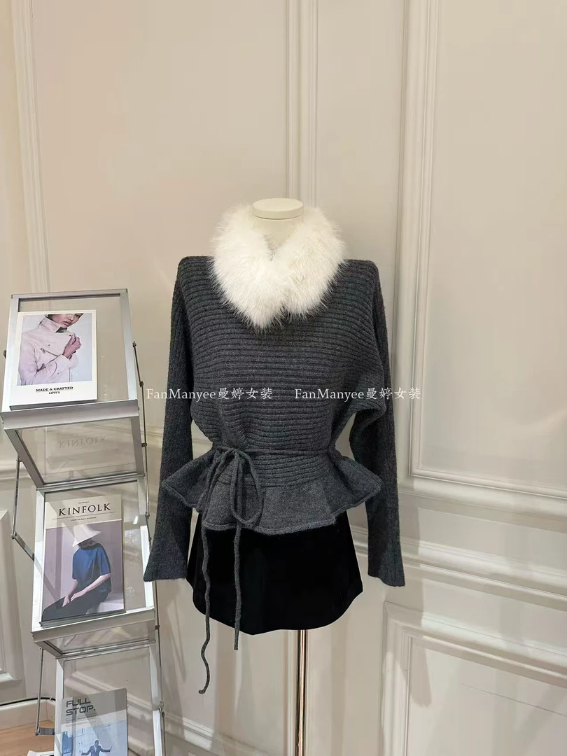 【浪漫气息】秋冬韩系甜美风收腰裙摆绑带毛衣+毛领两件套n