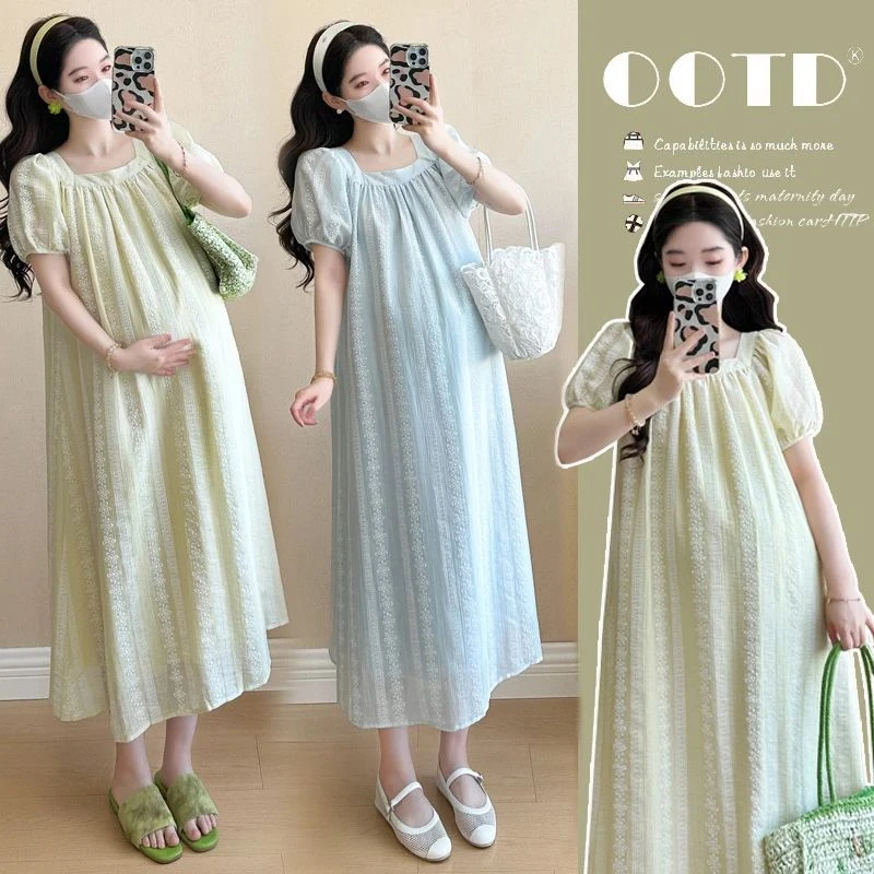 时髦法式气质孕妇装夏季新款潮款小清新减龄高级感宽松遮肚连衣裙