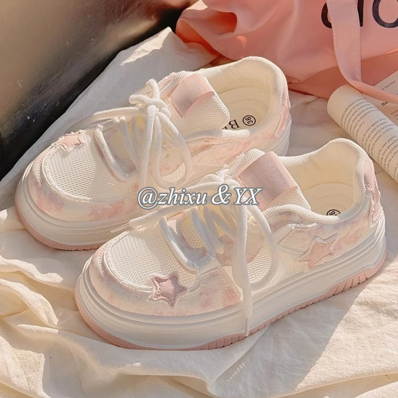 2025新款网面女春秋休闲百搭chic小众厚底增高大头圆头面包小白鞋