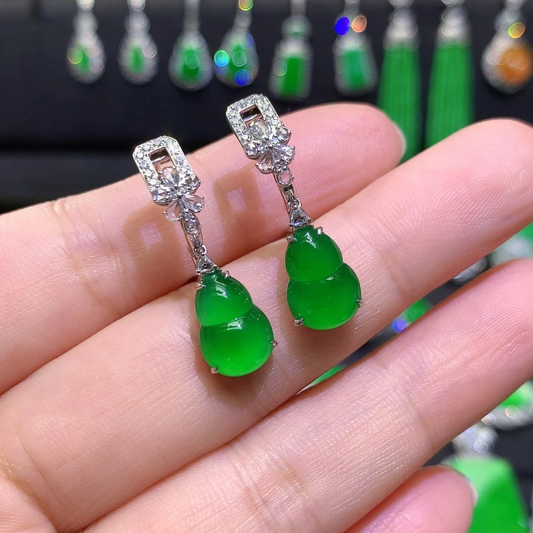 翡翠18K金镶嵌耳饰高冰满绿