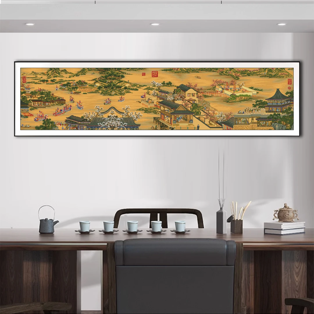 【金丝布】83223唐朝李昭道龙舟竞技图十字绣大格280x75厘米满绣