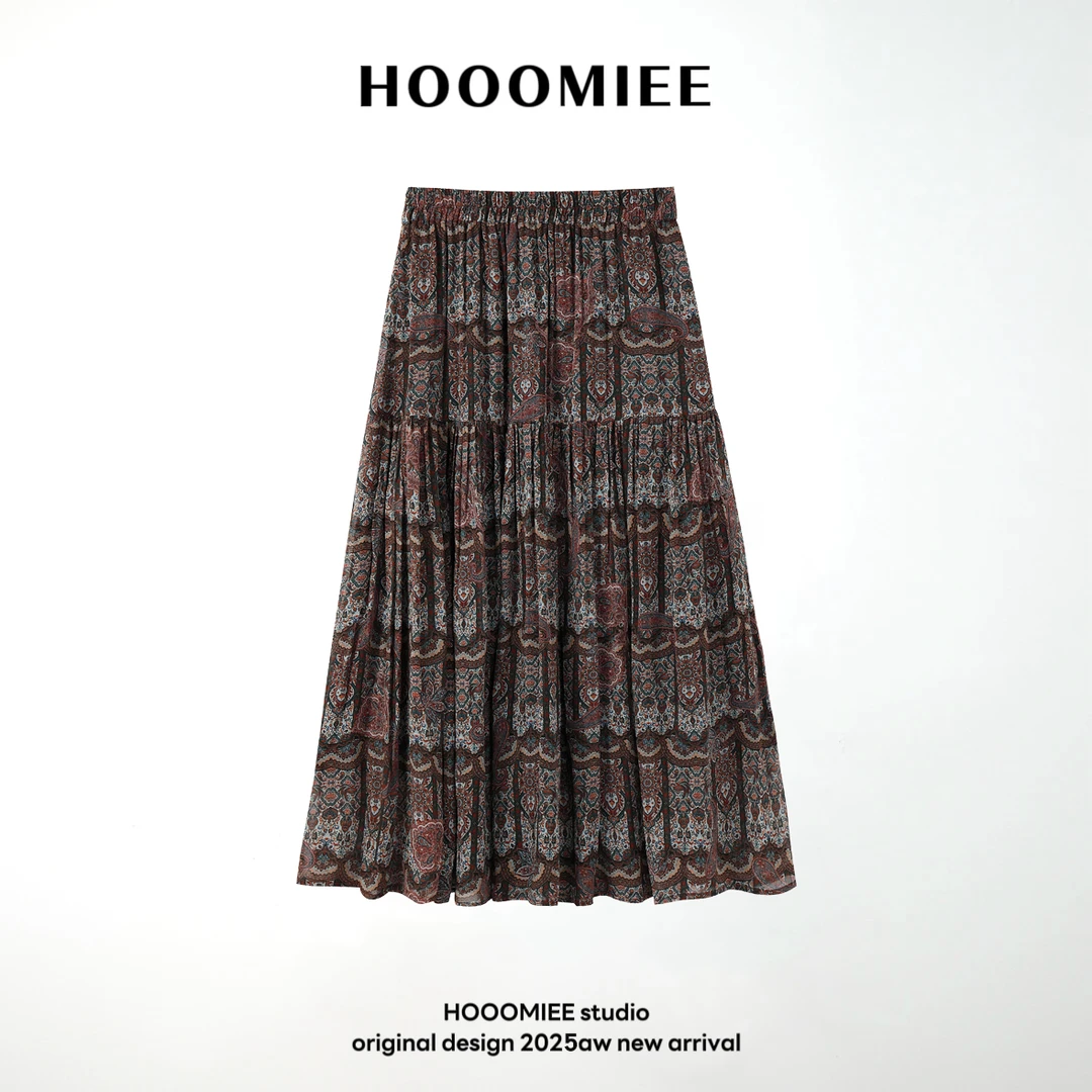 Hooomiee波西米亚复古时尚百搭高腰显瘦A字长裙半身裙CQ0325