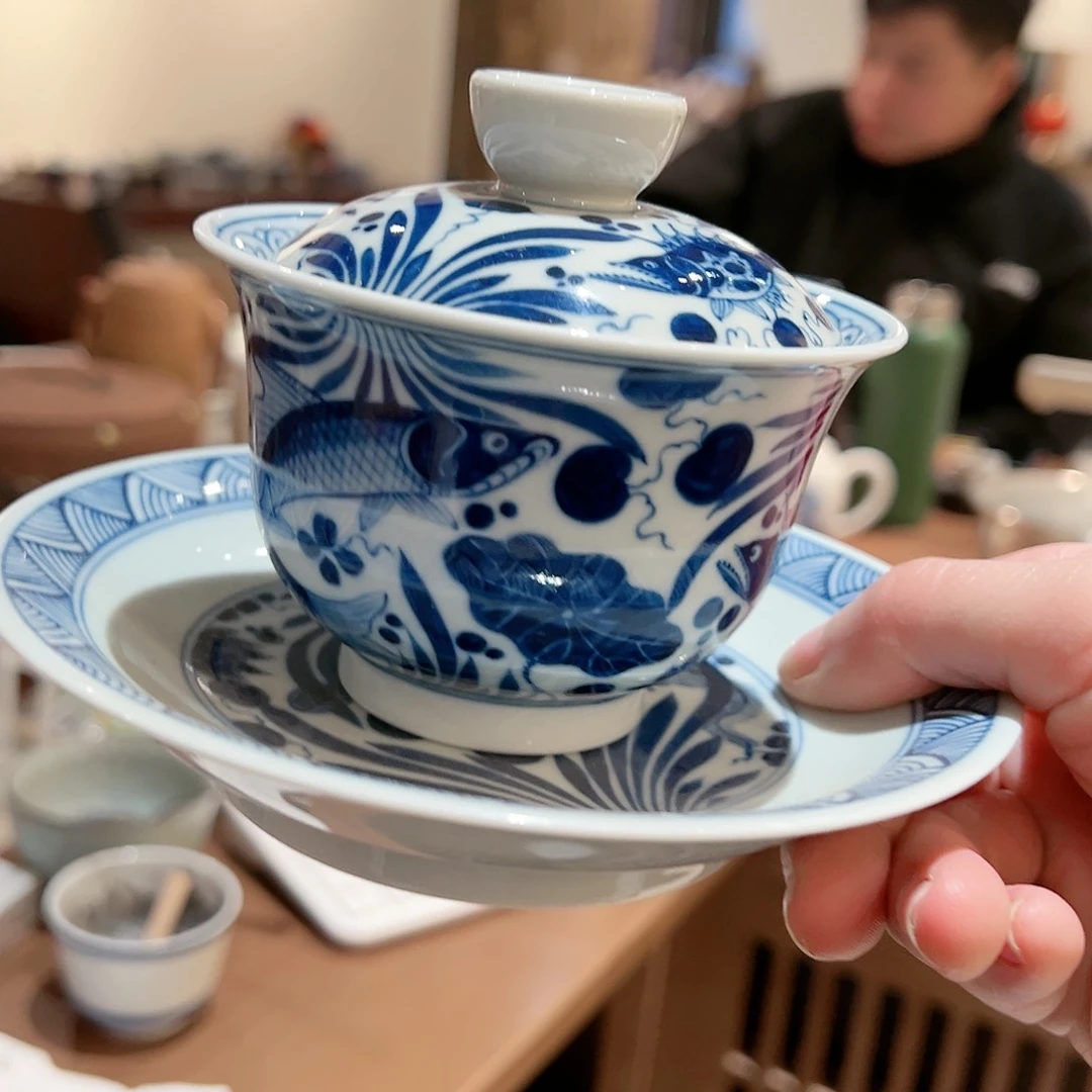 下播福利手工手绘鱼藻三才盖碗