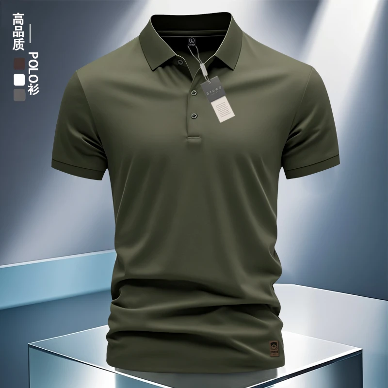 夏季痞帅男装短袖polo衫军绿色翻领商务男士t恤透气军绿色POLO男