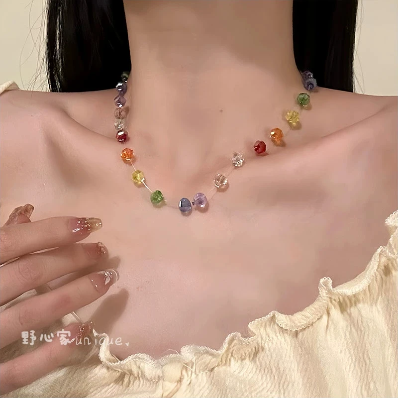 非金属树脂项链 【甜夏幻彩】多巴胺彩色水晶串珠项链设计感锁骨链