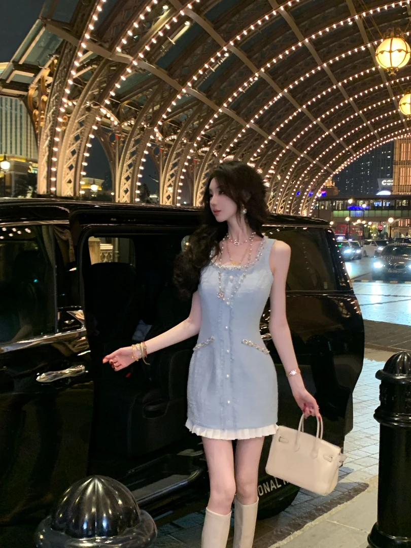 【雅乔定制】晚晴天 钉珠假两件蓝色小香连衣裙短裙DYLL-24126597