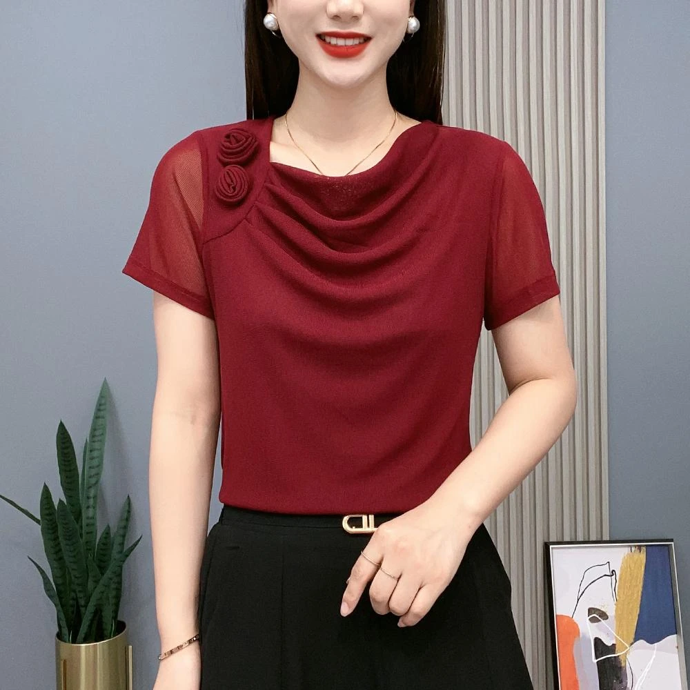 2025夏季打底衫气质百搭两朵花妈妈装纯色长袖显瘦时尚堆堆领