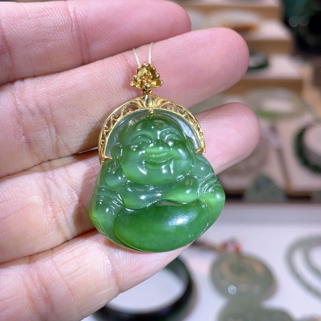 和田玉18K金镶嵌颈饰收藏级碧玉绿猫眼佛公