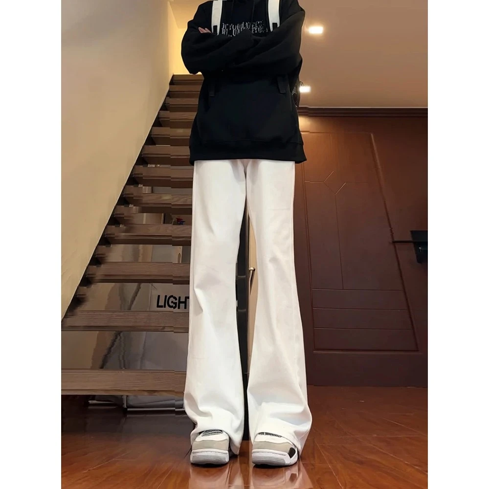 白色弯刀牛仔裤男款加长高个子美式vibe风裤子直筒修身显瘦微喇裤