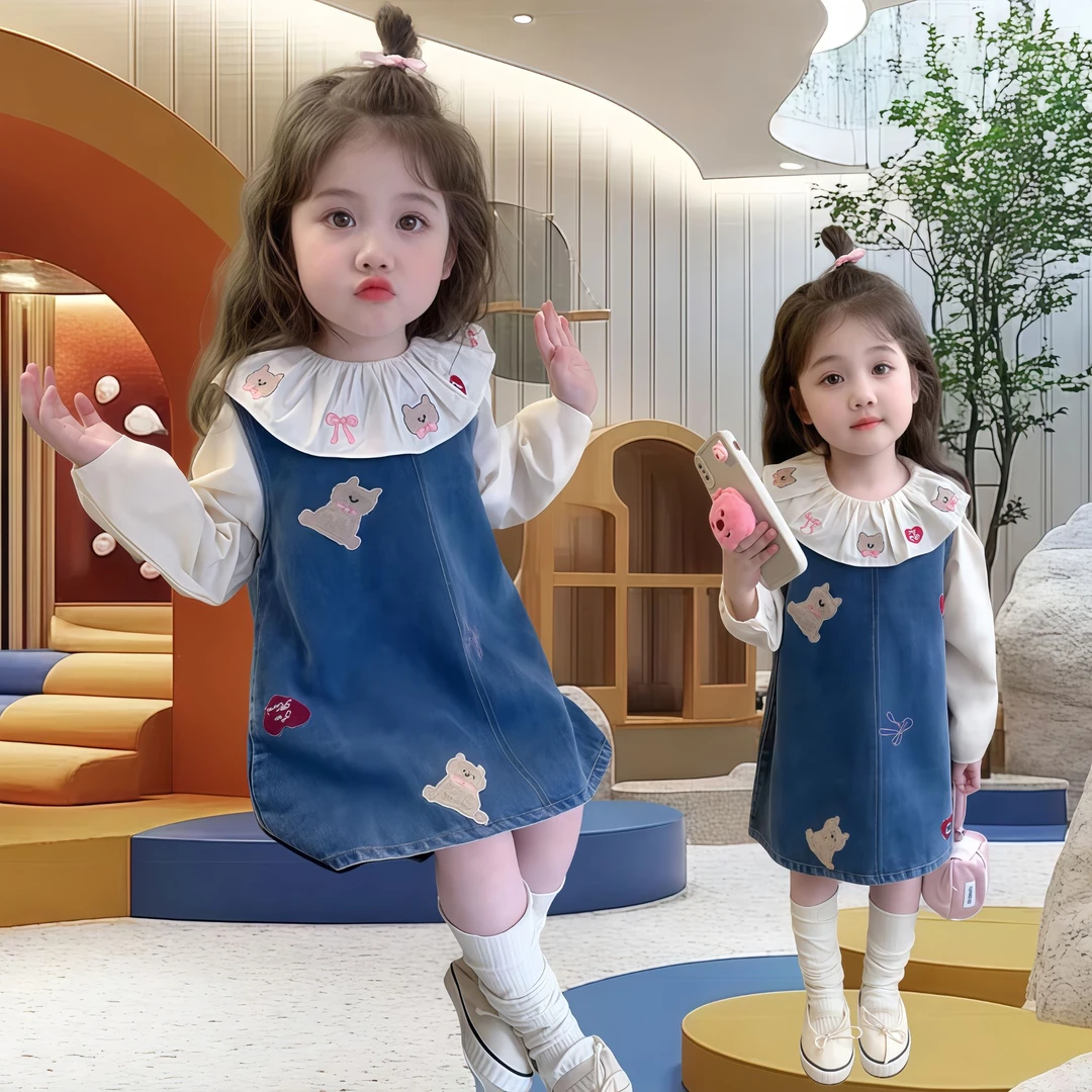 春秋女童牛仔裙娃娃领两件套小女孩甜美洋气背心连衣裙女宝宝春秋