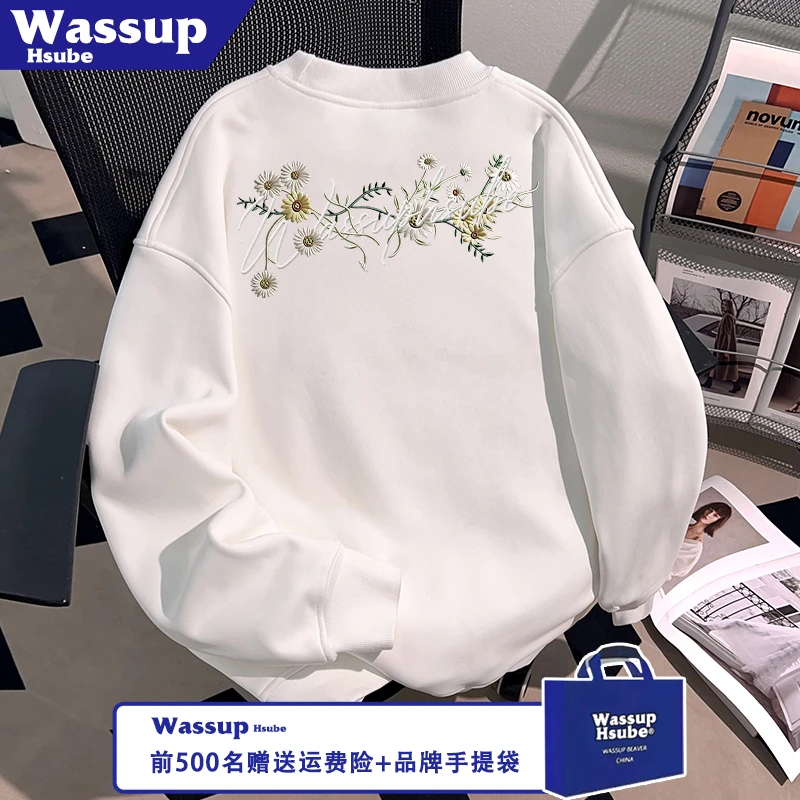 WASSUP HSUBE秋冬季花卉刺绣男女款美式重磅潮牌创意图案情侣卫衣