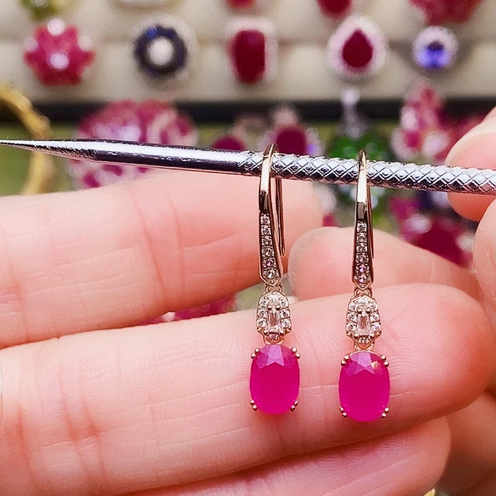 耳饰银S925镶嵌红宝石