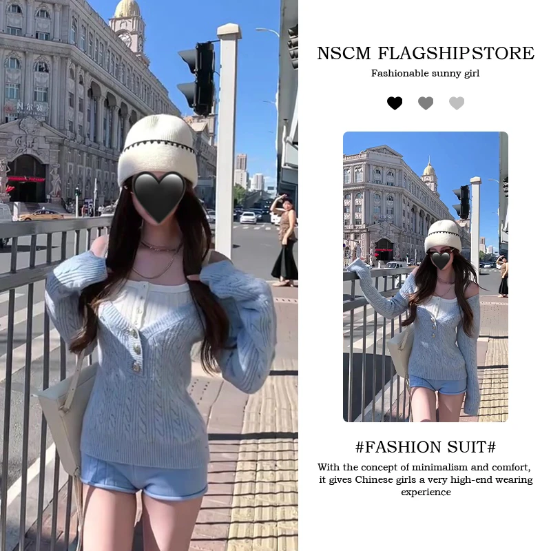 NSCM秋季宽松毛针织衫外套慵懒风短款辣妹长袖吊带内搭修身短裤