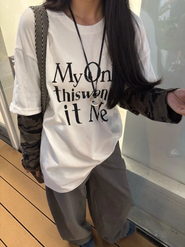 小花同学【迷彩假两件】韩版休闲印花长袖T