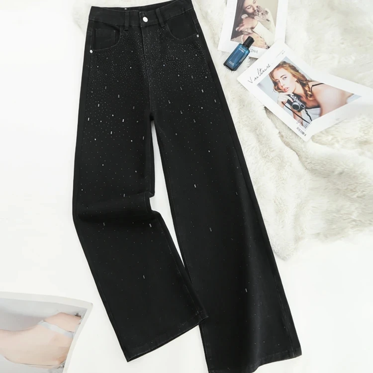 春秋季新款高腰重工满天星细闪宽松牛仔裤女显瘦烫钻阔腿长裤子