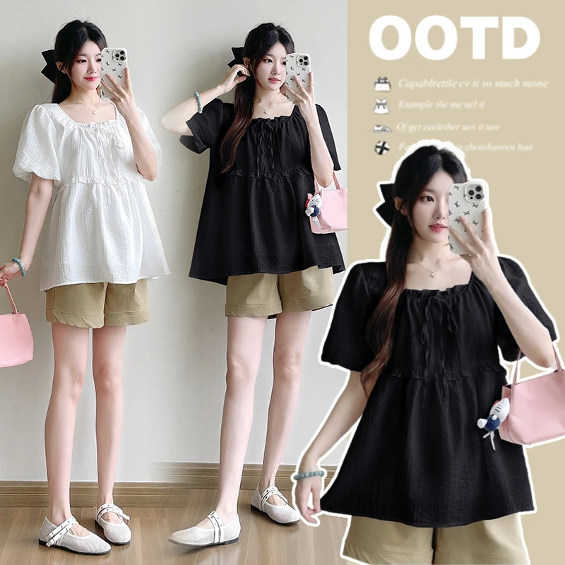 2025夏季新品孕妇装法式时尚短袖方领衬衣设计感显瘦宽松遮肚上衣