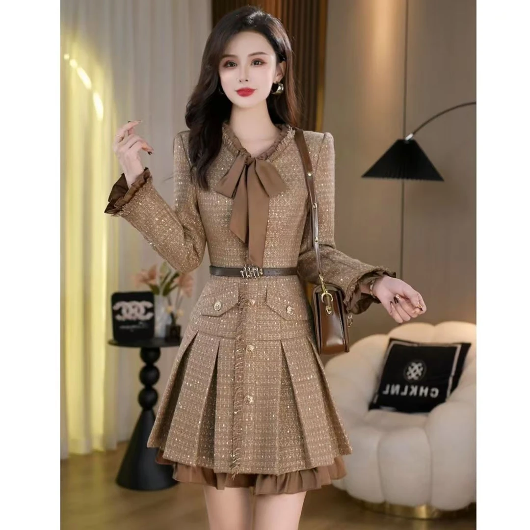 时尚套装高级气质香风2025外套秋冬新款洋气假两件显瘦连衣裙
