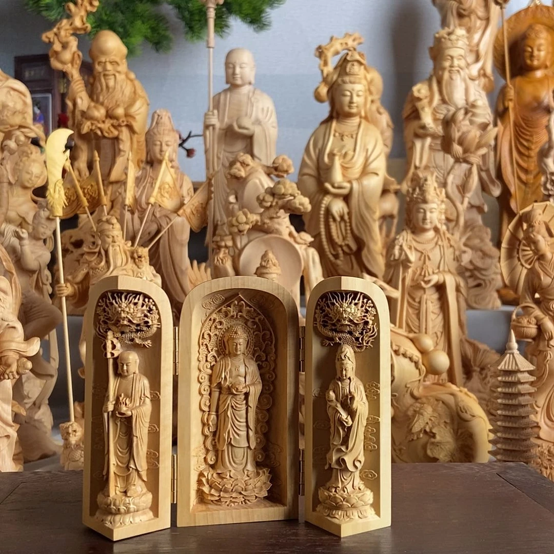 木静**尘小叶黄杨木雕娑婆三圣三开
