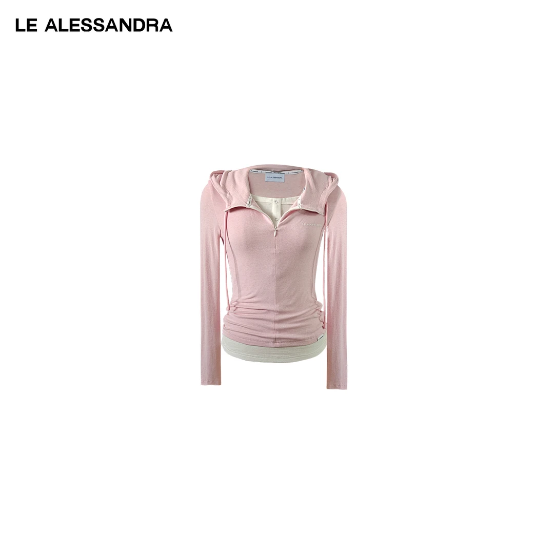 品牌直营 LE ALESSANDRA 拉链撞色连帽亨利假两件长袖打底上衣