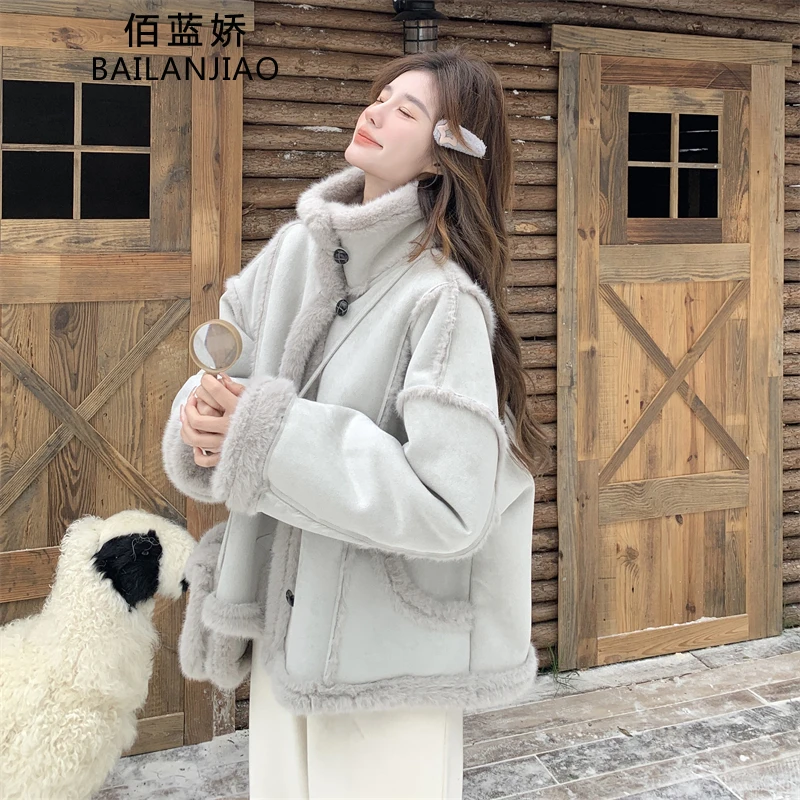 灰蓝色皮毛一体外套女冬季2025新款慵懒风宽松显瘦短款夹克上衣