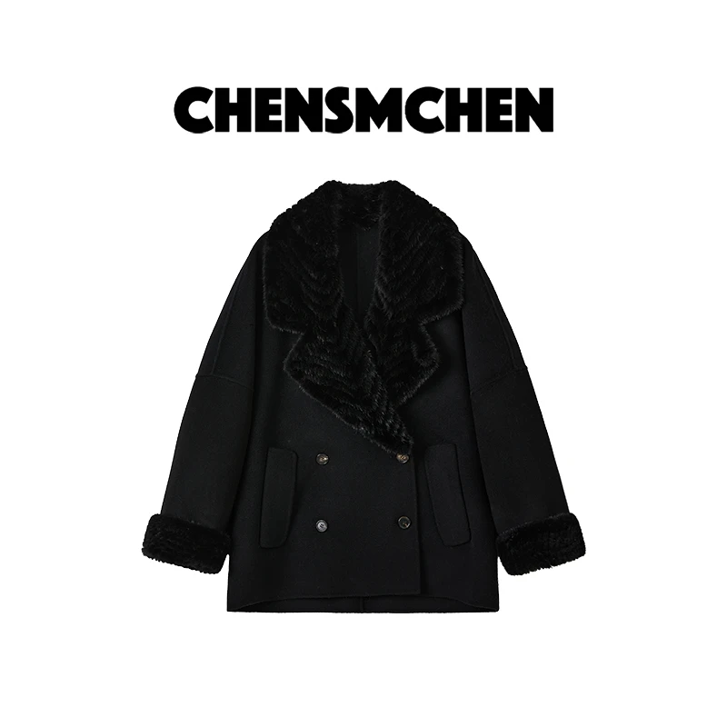 【CHENSMCHENxJCSO】黑色水貂领短款羊毛毛呢大衣女冬CdSD10007NL