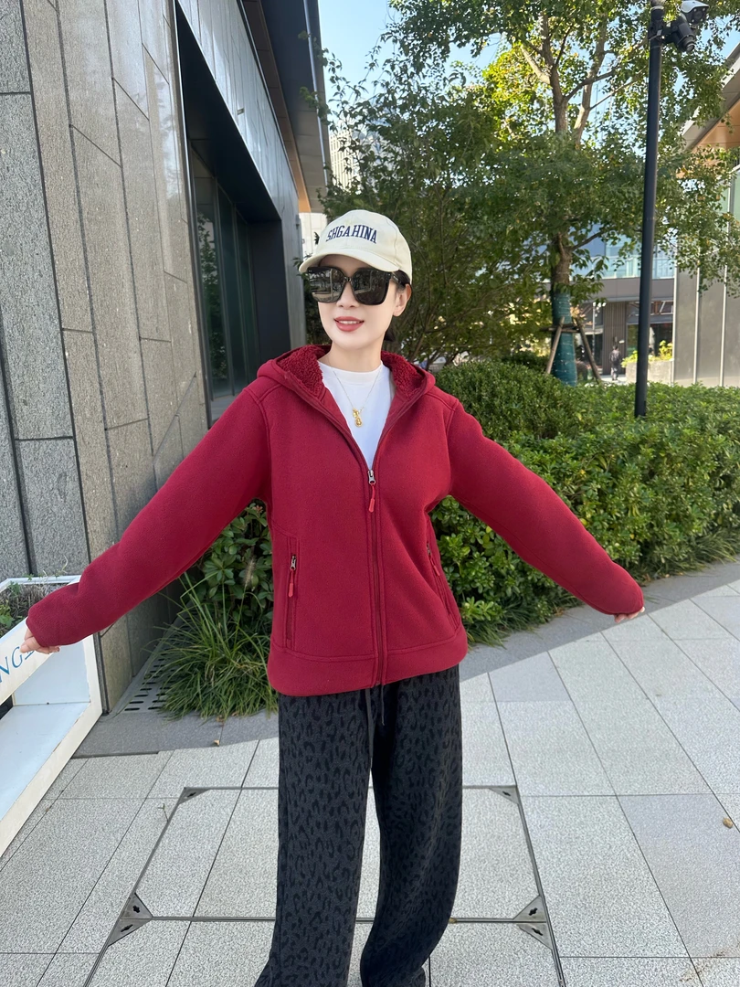 700克加绒加厚黑科技自发热纯色连帽毛茸外套冬保暧情侣羊羔绒