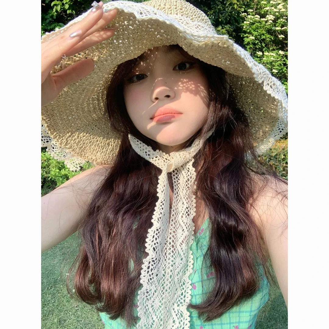 脏坨坨夏日海风蕾丝系带镂空草帽女韩系甜美百搭防晒遮阳帽洋气