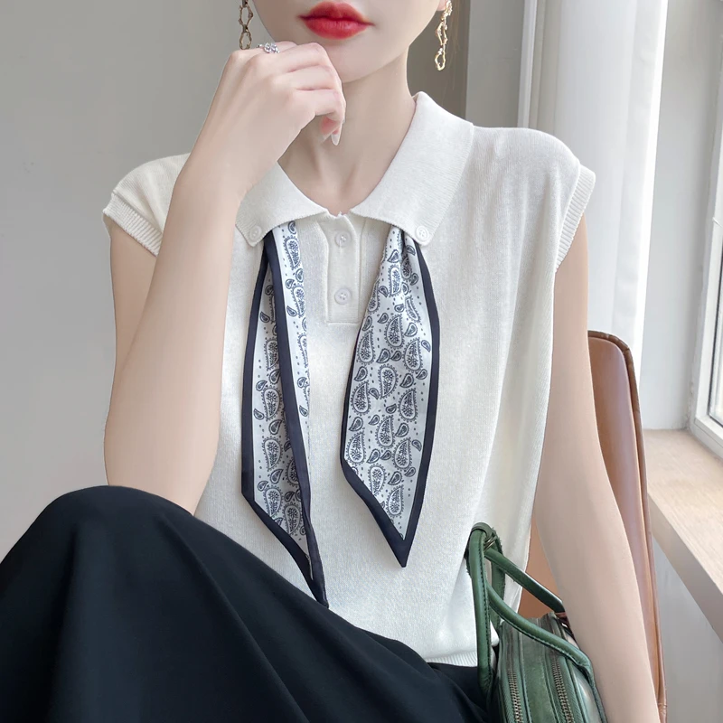 夏季薄款冰丝翻领领结丝巾针织无袖坎肩上衣显瘦气质洋气时尚百搭