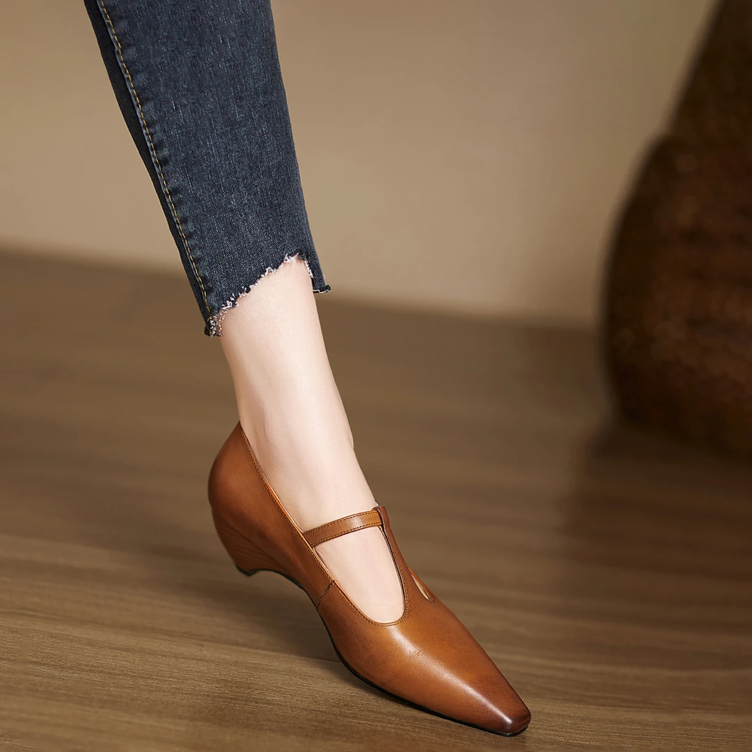 不累脚手工女鞋4.5cm~尖头平底搭扣森系复古休闲小皮鞋低跟单鞋女