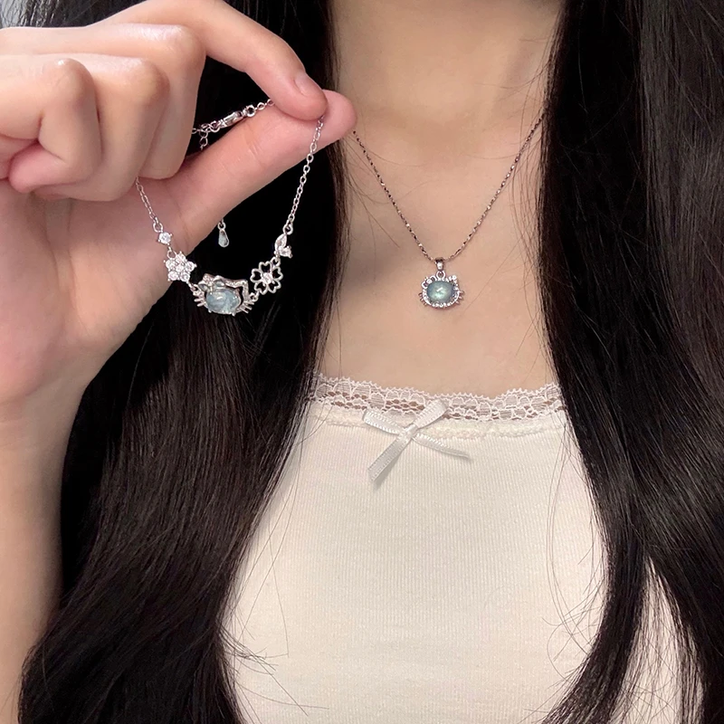 tx1259-[甜妹Kitty酱]天然粉玉髓海蓝宝镶嵌kt猫百搭可爱项链