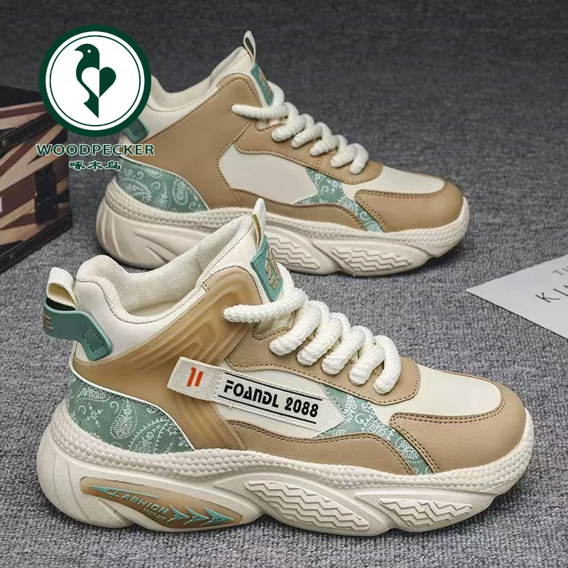 【正品】啄木鸟爆款男鞋秋季高帮运动鞋男青少年潮牌跑步老爹鞋增高