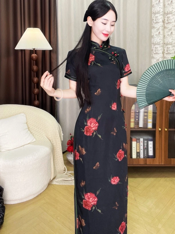 【心懂旗袍-花开半夏】黑色显瘦气质高端经典长款走秀日常花旗袍