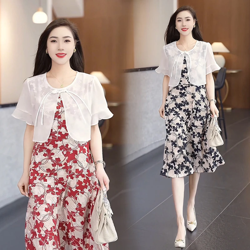 碎花夏季印花假两件连衣裙气质休闲减龄法式中长款国风显瘦时尚