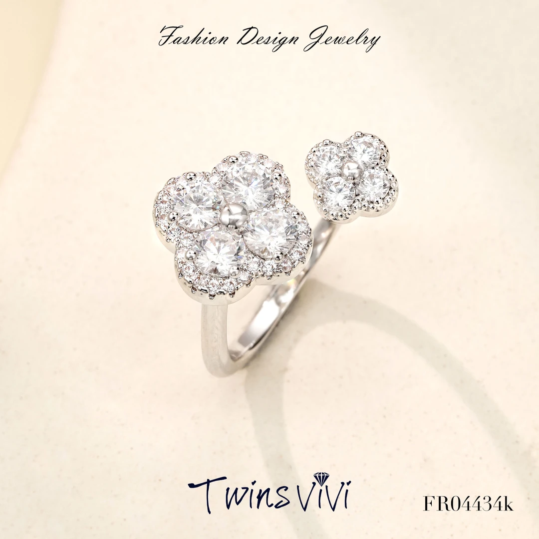 铜合金合成锆石戒指 Twins VIVI 戒指 满镶双花冰花戒指/FR04434