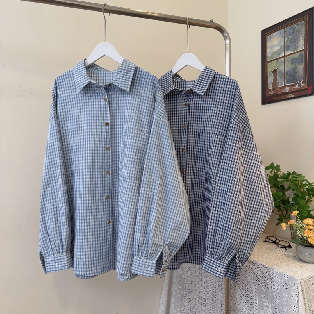 日系复古蓝色格子衬衫宽松遮肉显瘦oversize休闲百搭