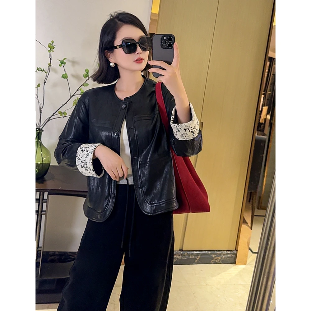 MISS RUILI定制  春季时尚百搭PU皮外套质简约复古皮衣外套F0071